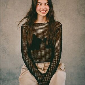 Realisation Par Black Mesh Long-Sleeve Crop Top